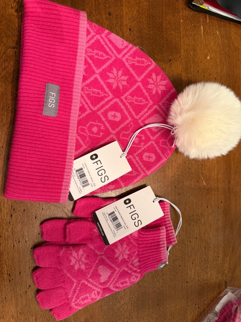 FIGS Pink Pom Beanie and fingerless Gloves Set